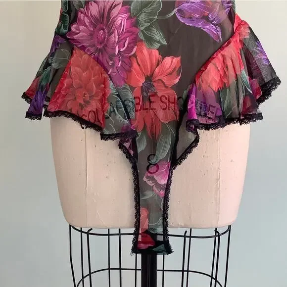 1980s Dark Floral Sheer Teddy & Bed Jacket Lucie Ann II Vintage Lingerie - Picture 8 of 9